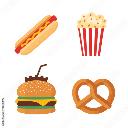 A colorful vector illustration set of classic American fast food icons including a hamburger, hot dog, pretzel, and popcorn isolated on a white background