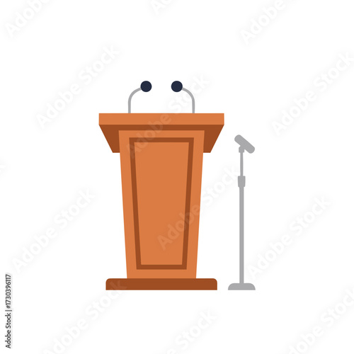 A wooden podium with two microphones for public speaking engagements and presentations.
