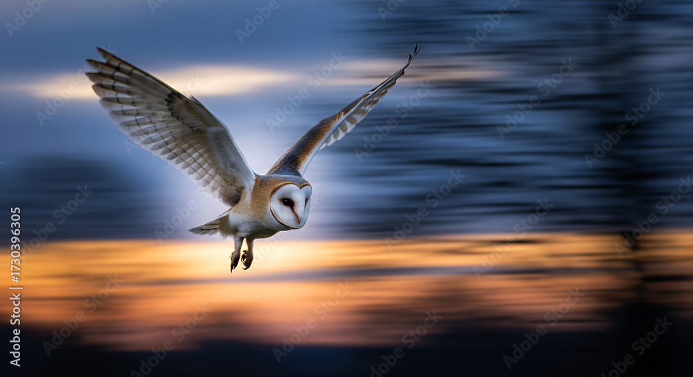 Naklejka premium A majestic Barn Owl soars gracefully through the twilight, its wings spread wide against a vibrant, motion-blurred sunset sky