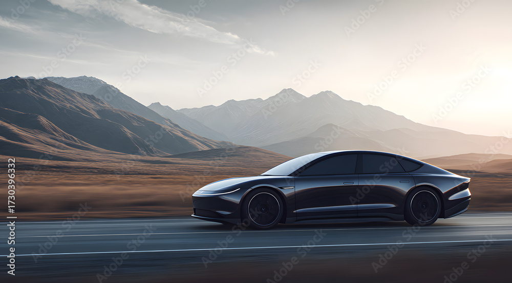 Fototapeta premium A black car driving on a mountain road