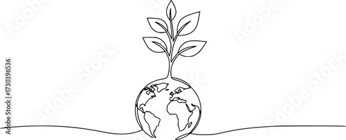 Continuous one line drawing of plant on earth vector illustration. Editable outline

