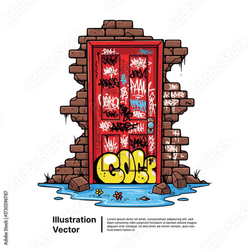 Vibrant graffiti art on a weathered red door in a crumbling brick wall, reflecting urban decay and street culture