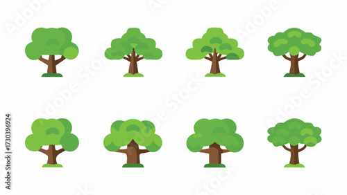 Collection of eight different cartoon tree designs, ideal for nature illustrations, educational resources, and creative projects needing a fresh touch