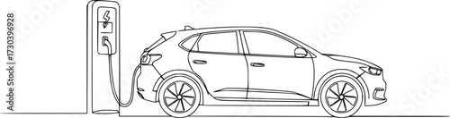Electric car and charging stations in continuous one line drawing, Continuous one line drawing Electric car at charging station. Electric car concept. Single line draw design editable vector.