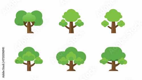 Delightful tree icons for playful designs, six variations of stylized foliage for nature themes, perfect for branding or educational materials with a fresh style