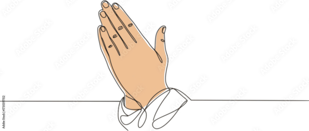 Obraz premium One line drawing praying hand worship religious vector illustration template design, Hand in Praying position or in Cultural Greeting Form Continuous one line drawing.