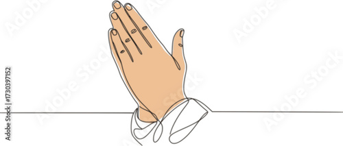 One line drawing praying hand worship religious vector illustration template design, Hand in Praying position or in Cultural Greeting Form Continuous one line drawing.