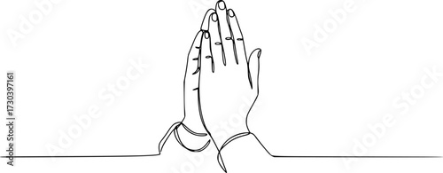 One line drawing praying hand worship religious vector illustration template design, Hand in Praying position or in Cultural Greeting Form Continuous one line drawing.