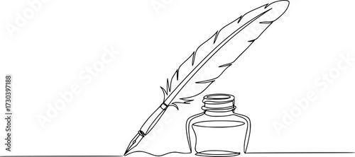 Inkwell and pen continuous line drawing. One line feather with ink vector illustration, Continuous One line drawing of Traditional Quill and Ink. Traditional feather quill with a basic ink bottle.