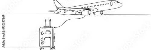 Airplane continious one line art style vector with transparent background, Airplane one line drawing on a white background, Suitcase and airplane drawn with one editable ontinuous single line drawing.