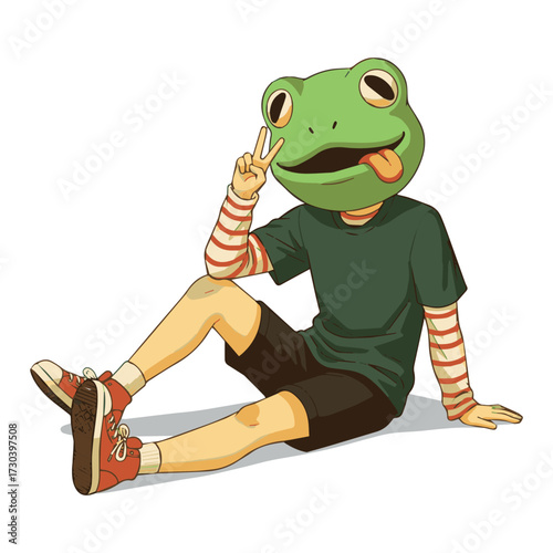 Youthful individual in a fun frog costume mask sitting down, offering a peace sign with a playful expression
