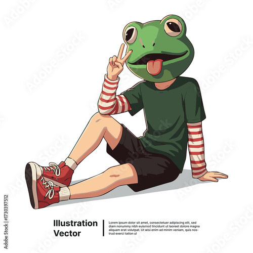 Playful character in a whimsical frog mask makes a peace sign, expressing joy and unique style