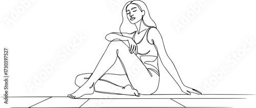 Young woman sitting cross-legged on the floor. Continuous line art drawing, Girl sitting high with dangling feet in continuous line art drawing style.

