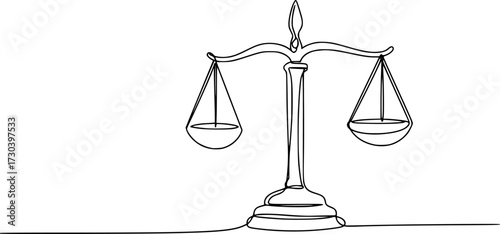Court legal scale in continuous one drawing. Libra or law identity concept simple vector illustartion, One solid line draws the balance of law and the scope of justice. Libra thin icon.
