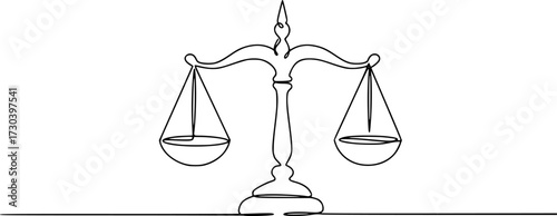 Court legal scale in continuous one drawing. Libra or law identity concept simple vector illustartion, One solid line draws the balance of law and the scope of justice. Libra thin icon.
