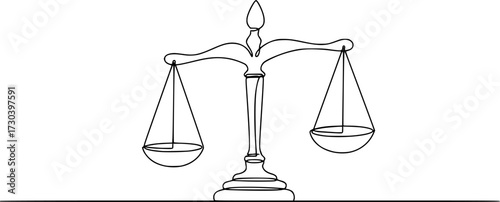 Court legal scale in continuous one drawing. Libra or law identity concept simple vector illustartion, One solid line draws the balance of law and the scope of justice. Libra thin icon.