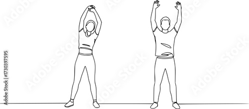 Continuous line art or One Line Drawing of a woman stretching arms is relaxing, Happy man and woman raising hands in an exercise of relax and breathing, one line continuous drawing