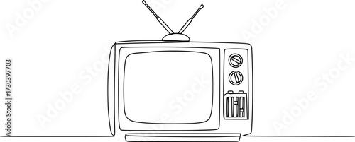 Retro TV player single outline illustration. Continuous line art drawing of old tv, Continuous one line drawing of vintage analog television. Simple Retro TV hand drawn editable outline vector.