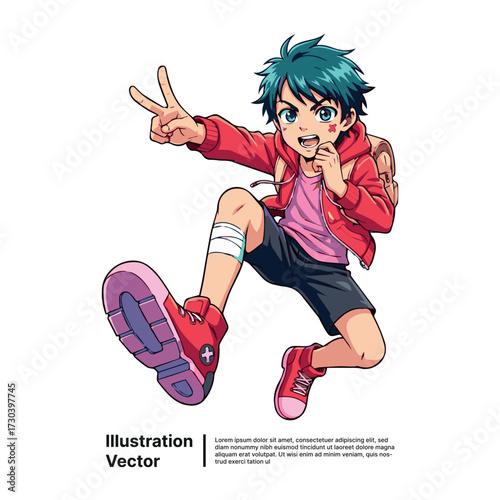 Energetic young anime boy with green hair jumping joyfully and making a peace sign gesture