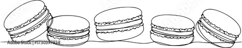 Continuous one line design of macaron cookie, Restaurant food menu design concept. Hand drawn macarons minimal design art, confectionery concept. Pro Vector.