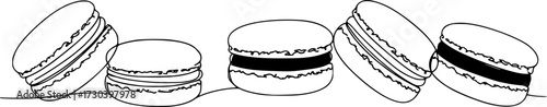 Continuous one line design of macaron cookie, Restaurant food menu design concept. Hand drawn macarons minimal design art, confectionery concept. Pro Vector.