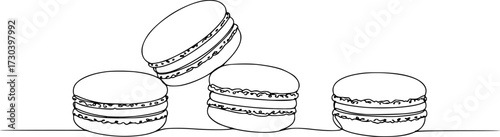 Continuous one line design of macaron cookie, Restaurant food menu design concept. Hand drawn macarons minimal design art, confectionery concept. Pro Vector.