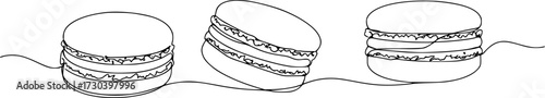 Continuous one line design of macaron cookie, Restaurant food menu design concept. Hand drawn macarons minimal design art, confectionery concept. Pro Vector.
