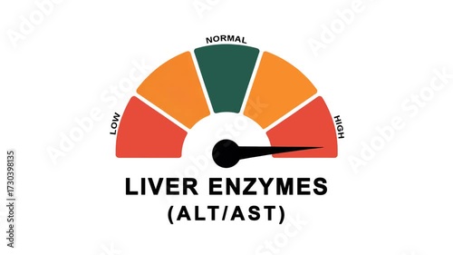 Animated liver enzymes level meter moving from high level to normal level, ideal for concepts related to liver health, hepatitis treatment, and medical diagnostics