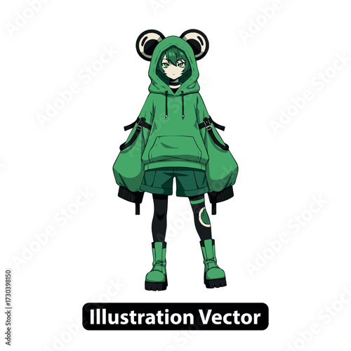 Anime-style artwork of a person in a whimsical green frog hoodie, showcasing unique street fashion