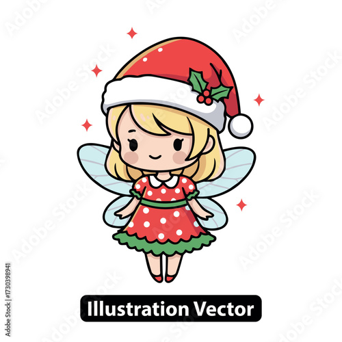 Charming cartoon Christmas fairy girl with sparkling wings and a festive red holiday dress