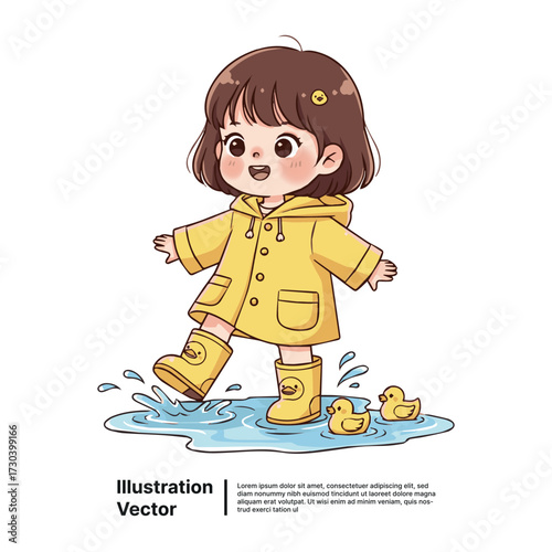 Cute little girl in a yellow raincoat happily splashing in a puddle with her rubber ducks