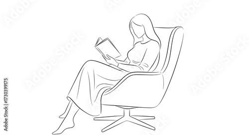 Minimalist fashion sketch of a woman reading a book while sitting in a comfortable armchair for copy space