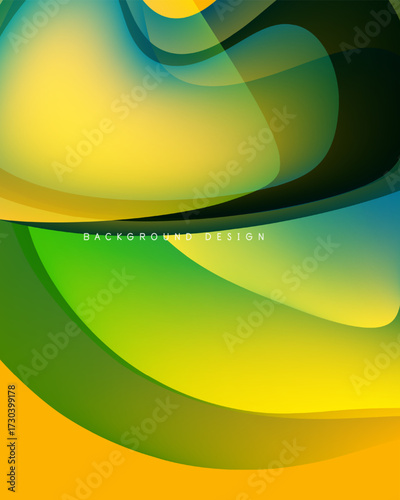 Abstract vibrant waves, flowing shapes. Yellows, greens, blues blend smoothly. Modern design, dynamic composition. Smooth gradients create depth.
