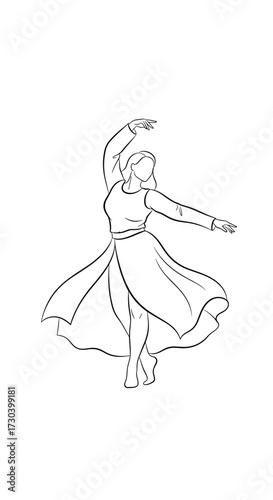 Graceful fashion sketch of a woman dancing in a flowing dress with a minimalist style for copy space