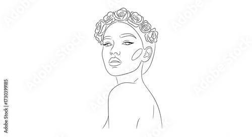 Elegant fashion sketch of a woman with a floral crown and soft features in a minimalist style for copy space