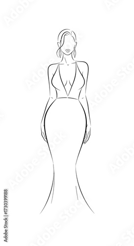 Elegant fashion sketch of a woman in a deep V-neck gown showcasing a graceful silhouette with minimalist style for copy space