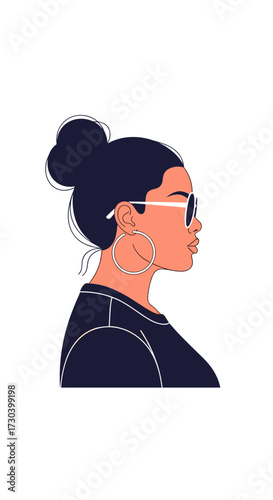 Stylish profile portrait of a confident woman with sunglasses and a bun hairstyle against a white background for copy space