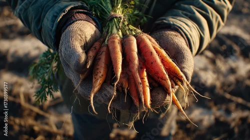 Harvesting Fresh Carrots With Care in the Field During Autumn