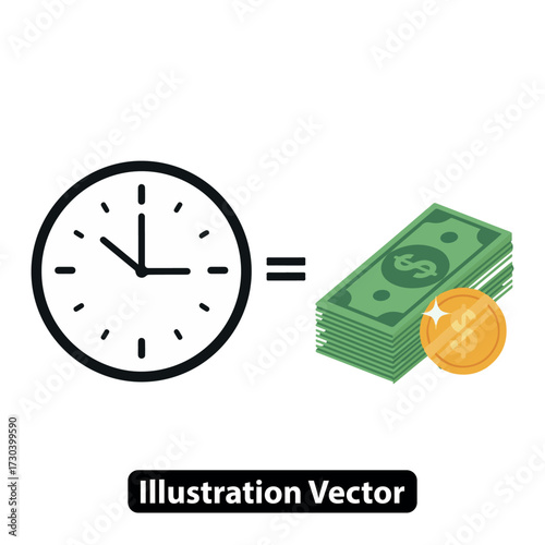Time is money concept with clock and cash. Financial investment and hourly wage illustration