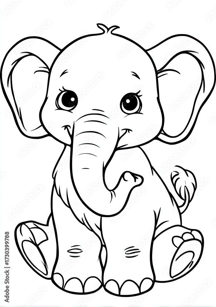 Fototapeta premium Line drawing of a cute baby elephant sitting isolated on a white background