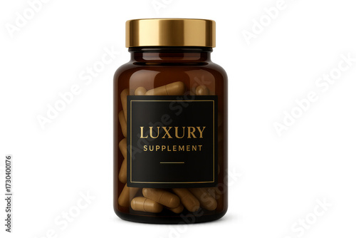 Supplement bottle featuring luxury label and golden cap