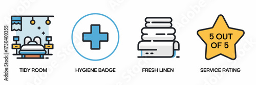 Vector icon sheet of housekeeping services with tidy room and hygiene badge