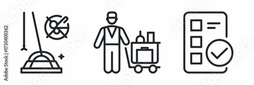 Vector icon sheet of broom, hotel housekeeping worker, and checklist