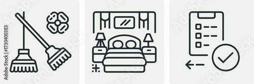 Vector icon sheet of broom and mop, hotel room service, and checklist