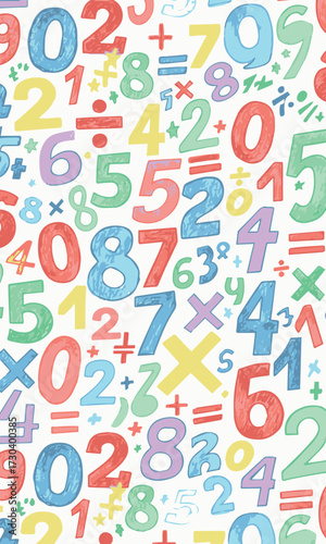 Vibrant Watercolor Numbers and Arithmetic Symbols Create a Playful, Educational Seamless Pattern Background