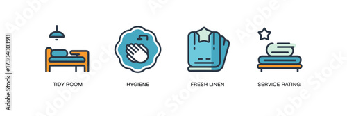 Vector icon sheet of housekeeping services with fresh linen and service rating