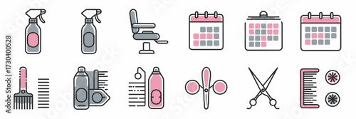 Vector icon sheet for hairdresser branding – hair spray, salon chair, calendar, and beauty tools – Perfect for beauty salons, hairstylist branding, or appointment apps