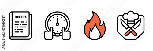 Vector icon set for chef branding with recipe book timer flame and badge