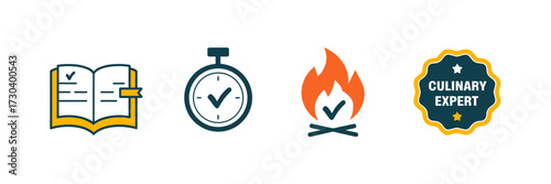 Vector illustration of chef branding icons with recipe book timer flame badge