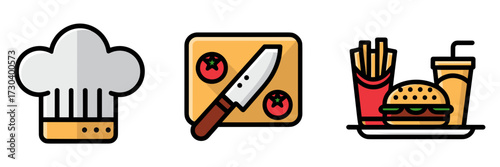Vector icon sheet with chef hat cutting board with tomatoes and burger plate